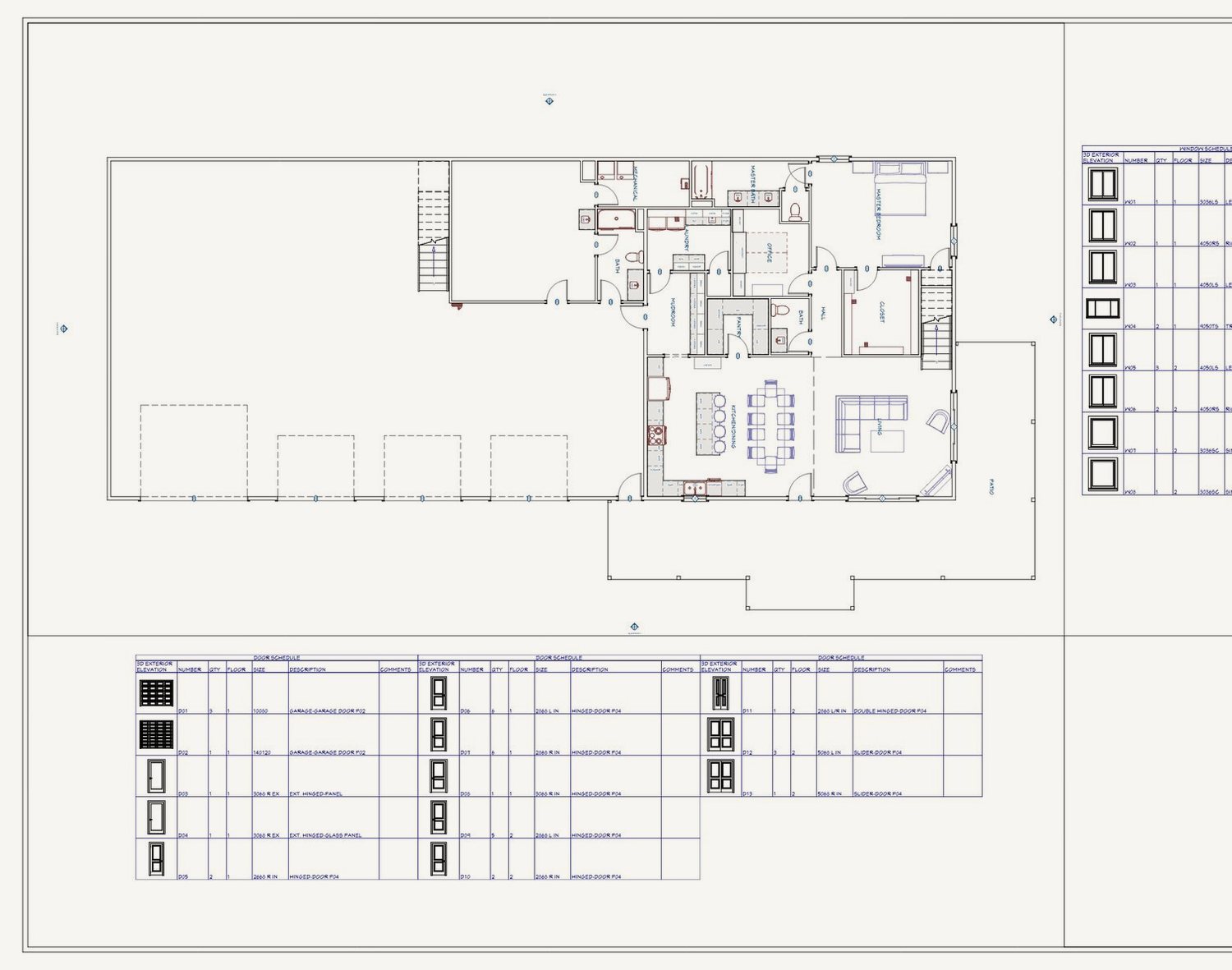 Black Barndo overview floor plan sheet with room layout, door and window schedules