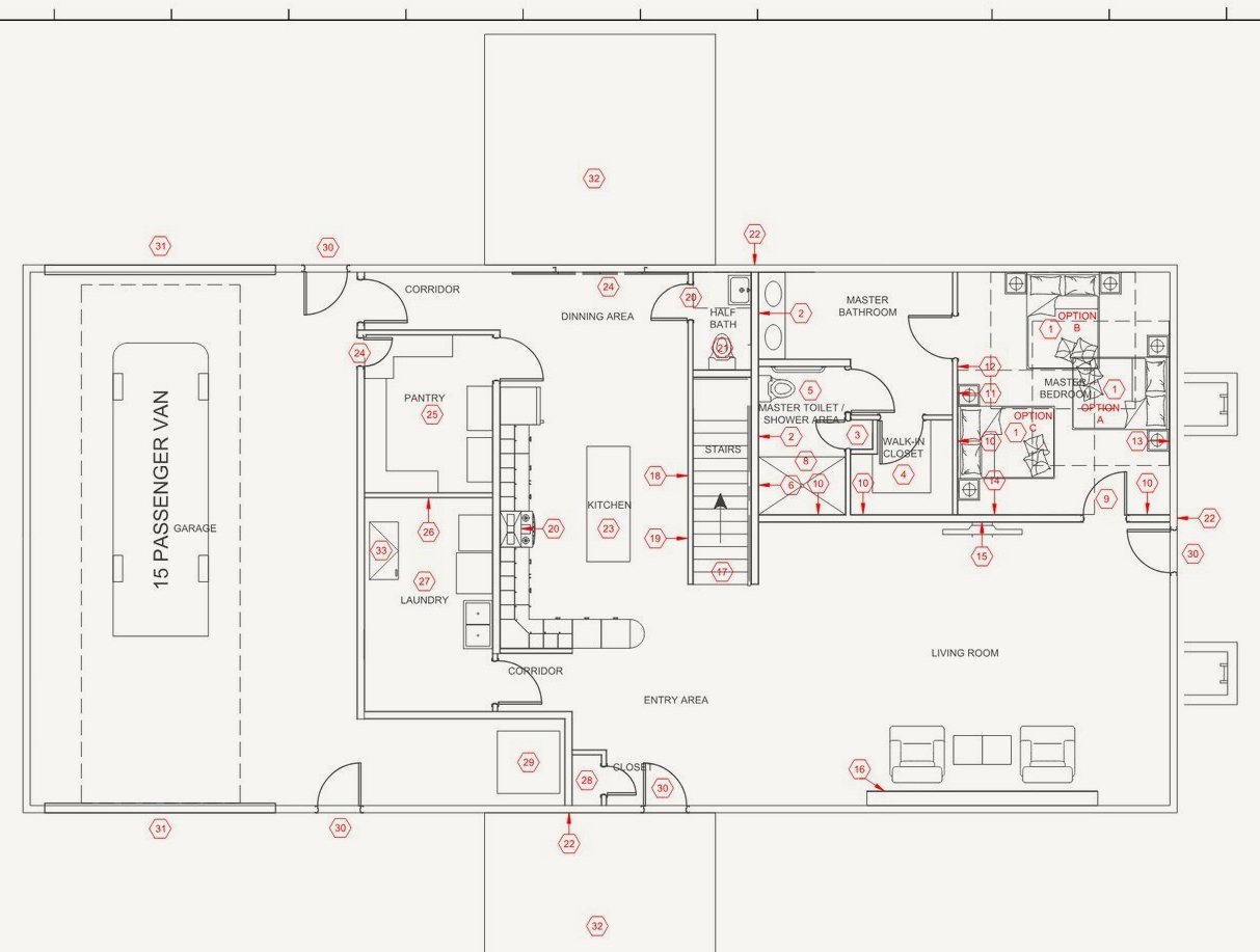 Main Floor Ranch keyed layout sheet with master suite, kitchen, living room and a deep garage bay
