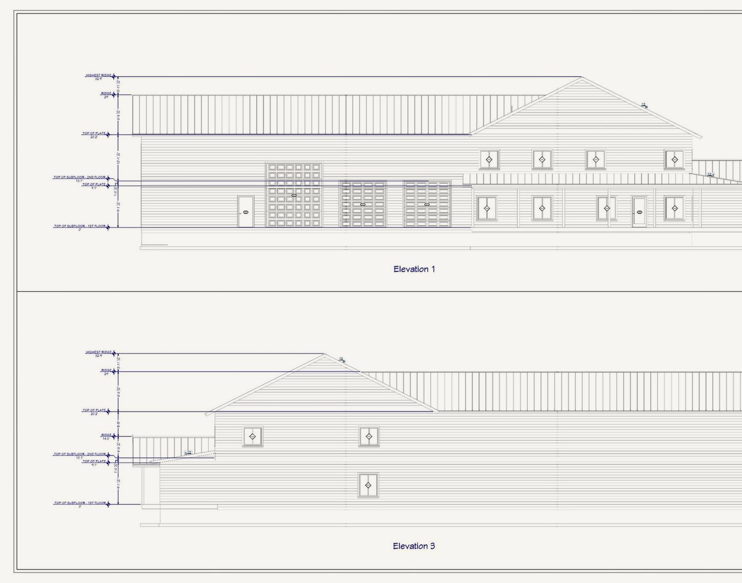 Prairie Barndo exterior elevation drawings showing roof lines, porch posts and garage doors