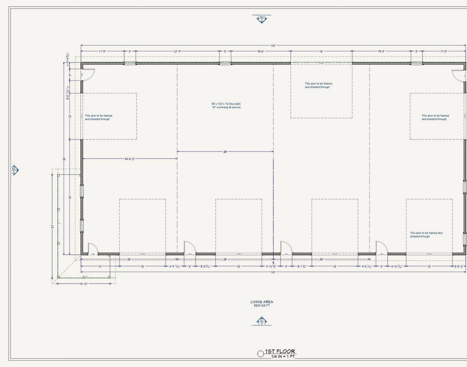Prairie Shop 50 by 100 foot clear-span floor plan with five overhead door openings