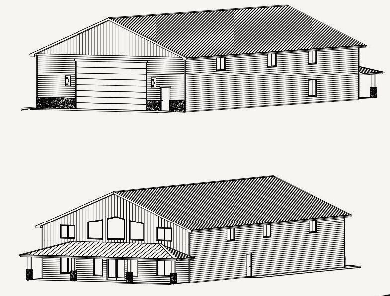 Ridge Cabin 3D exterior views drawn from the garage end and from the porch end