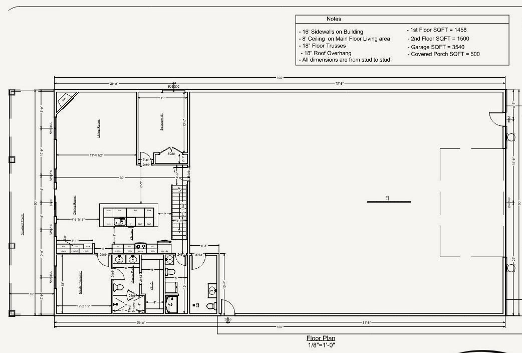 Ridge Cabin main floor plan with living room, kitchen, master suite and the attached garage